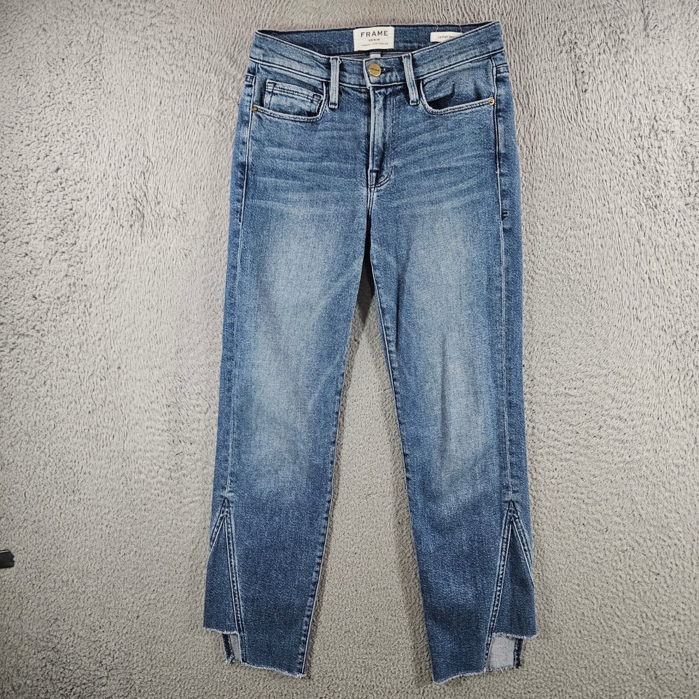 FRAME Le High Skinny Jeans Oakley Blue Split Raw Hem Womens Size 24